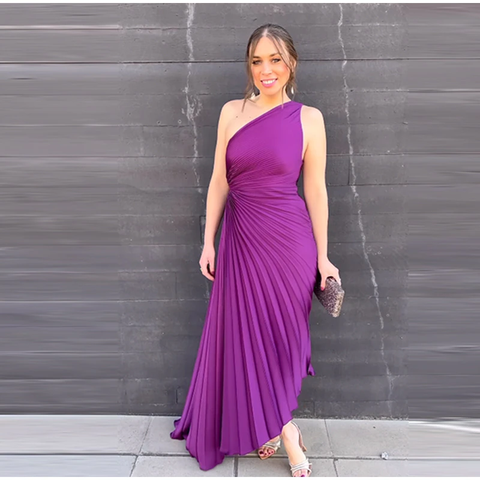 New Elegant Diagonal Collar Long Sleeveless Asymmetric Ruffled Pleated Dresses CODE: KAR2044