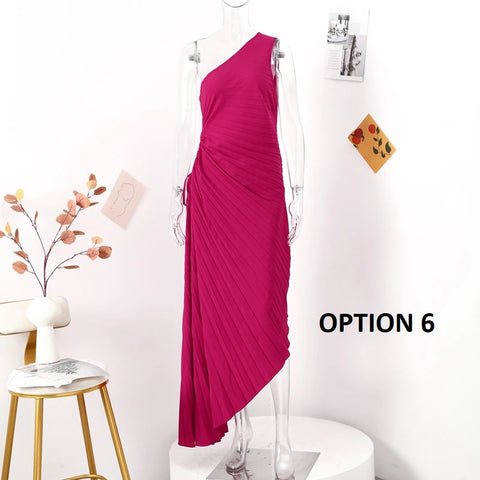 New Elegant Diagonal Collar Long Sleeveless Asymmetric Ruffled Pleated Dresses CODE: KAR2044