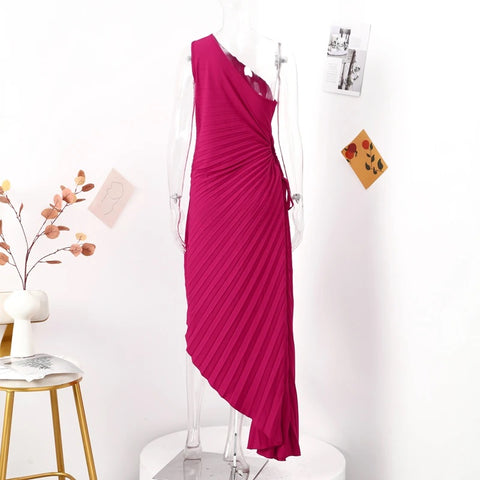 New Elegant Diagonal Collar Long Sleeveless Asymmetric Ruffled Pleated Dresses CODE: KAR2044