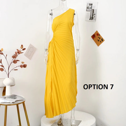 New Elegant Diagonal Collar Long Sleeveless Asymmetric Ruffled Pleated Dresses CODE: KAR2044