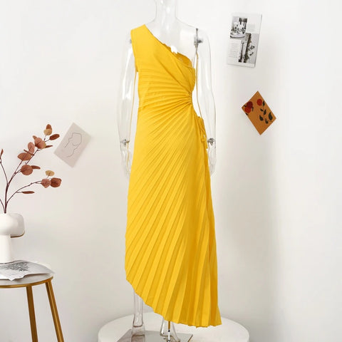 New Elegant Diagonal Collar Long Sleeveless Asymmetric Ruffled Pleated Dresses CODE: KAR2044