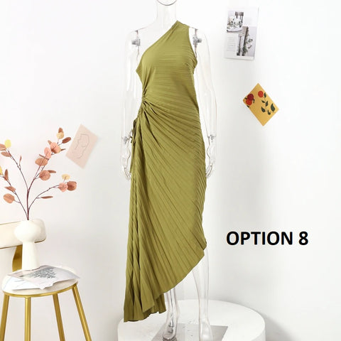 New Elegant Diagonal Collar Long Sleeveless Asymmetric Ruffled Pleated Dresses CODE: KAR2044
