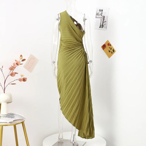 New Elegant Diagonal Collar Long Sleeveless Asymmetric Ruffled Pleated Dresses CODE: KAR2044