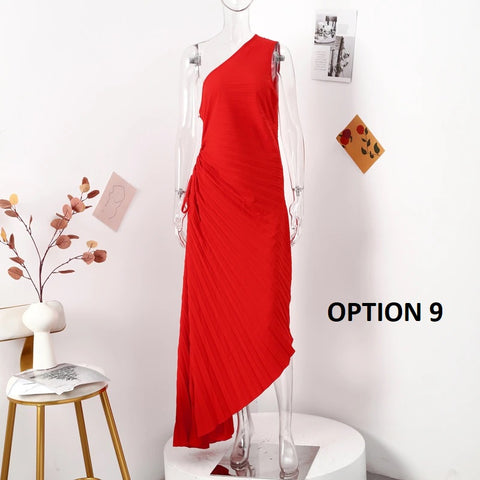 New Elegant Diagonal Collar Long Sleeveless Asymmetric Ruffled Pleated Dresses CODE: KAR2044