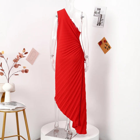 New Elegant Diagonal Collar Long Sleeveless Asymmetric Ruffled Pleated Dresses CODE: KAR2044