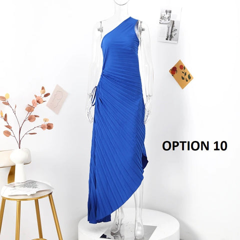 New Elegant Diagonal Collar Long Sleeveless Asymmetric Ruffled Pleated Dresses CODE: KAR2044