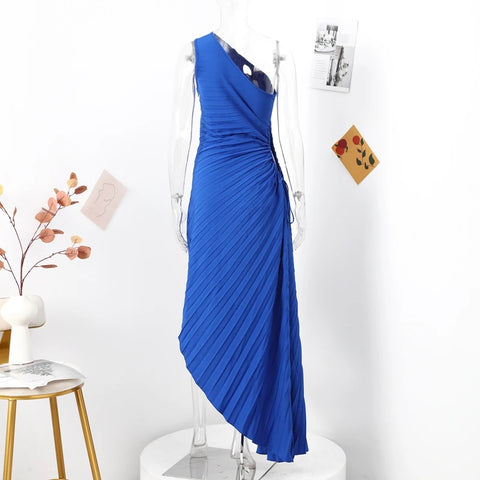 New Elegant Diagonal Collar Long Sleeveless Asymmetric Ruffled Pleated Dresses CODE: KAR2044