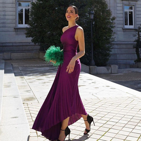 New Elegant Diagonal Collar Long Sleeveless Asymmetric Ruffled Pleated Dresses CODE: KAR2044