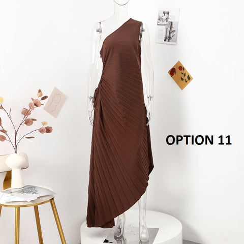 New Elegant Diagonal Collar Long Sleeveless Asymmetric Ruffled Pleated Dresses CODE: KAR2044