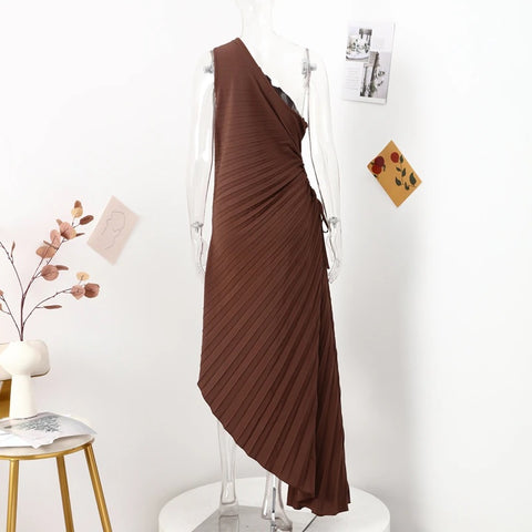 New Elegant Diagonal Collar Long Sleeveless Asymmetric Ruffled Pleated Dresses CODE: KAR2044