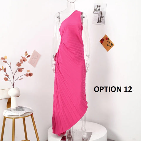 New Elegant Diagonal Collar Long Sleeveless Asymmetric Ruffled Pleated Dresses CODE: KAR2044