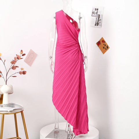 New Elegant Diagonal Collar Long Sleeveless Asymmetric Ruffled Pleated Dresses CODE: KAR2044
