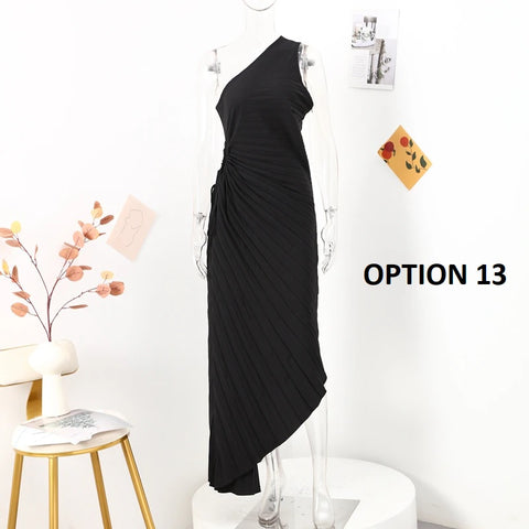 New Elegant Diagonal Collar Long Sleeveless Asymmetric Ruffled Pleated Dresses CODE: KAR2044