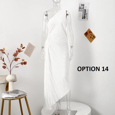 New Elegant Diagonal Collar Long Sleeveless Asymmetric Ruffled Pleated Dresses CODE: KAR2044