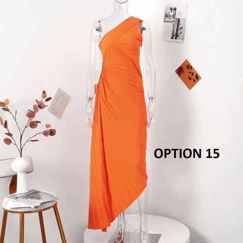 New Elegant Diagonal Collar Long Sleeveless Asymmetric Ruffled Pleated Dresses CODE: KAR2044