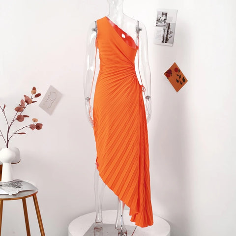 New Elegant Diagonal Collar Long Sleeveless Asymmetric Ruffled Pleated Dresses CODE: KAR2044