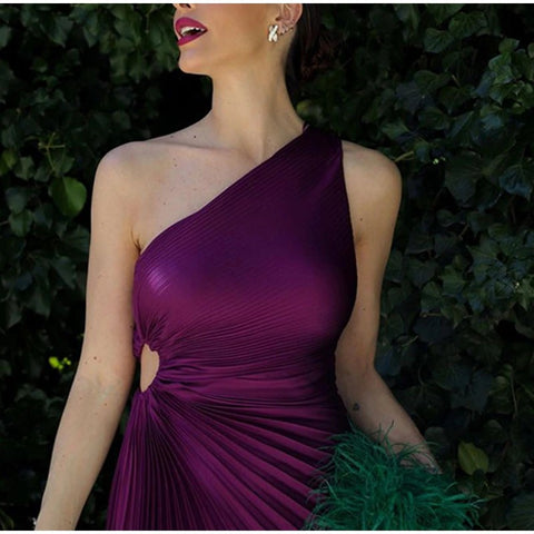 New Elegant Diagonal Collar Long Sleeveless Asymmetric Ruffled Pleated Dresses CODE: KAR2044