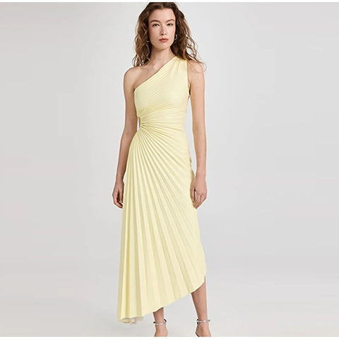 New Elegant Diagonal Collar Long Sleeveless Asymmetric Ruffled Pleated Dresses CODE: KAR2044