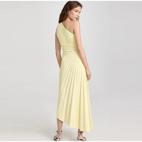 New Elegant Diagonal Collar Long Sleeveless Asymmetric Ruffled Pleated Dresses CODE: KAR2044