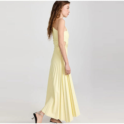 New Elegant Diagonal Collar Long Sleeveless Asymmetric Ruffled Pleated Dresses CODE: KAR2044