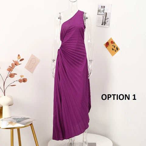 New Elegant Diagonal Collar Long Sleeveless Asymmetric Ruffled Pleated Dresses CODE: KAR2044