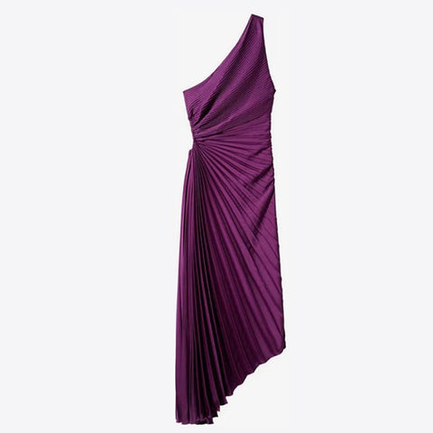 New Elegant Diagonal Collar Long Sleeveless Asymmetric Ruffled Pleated Dresses CODE: KAR2044