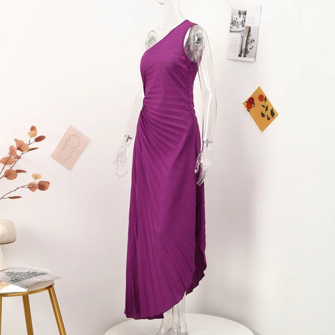 New Elegant Diagonal Collar Long Sleeveless Asymmetric Ruffled Pleated Dresses CODE: KAR2044