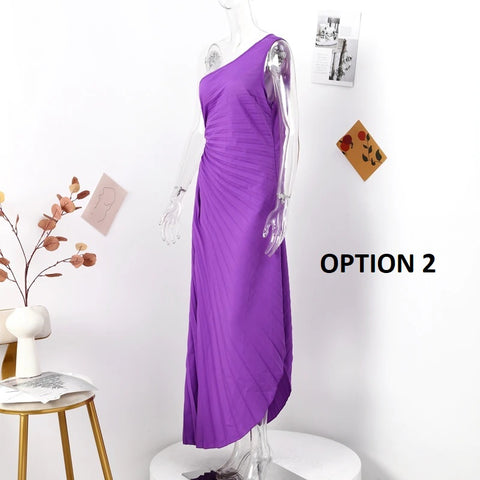 New Elegant Diagonal Collar Long Sleeveless Asymmetric Ruffled Pleated Dresses CODE: KAR2044