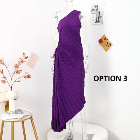 New Elegant Diagonal Collar Long Sleeveless Asymmetric Ruffled Pleated Dresses CODE: KAR2044