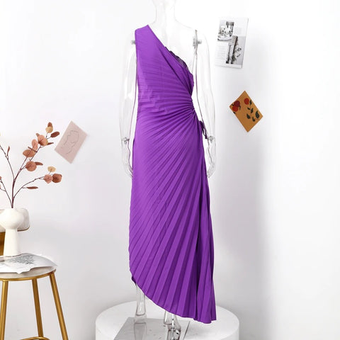New Elegant Diagonal Collar Long Sleeveless Asymmetric Ruffled Pleated Dresses CODE: KAR2044
