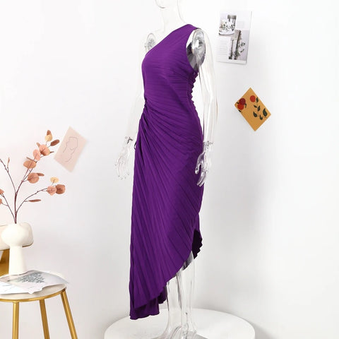 New Elegant Diagonal Collar Long Sleeveless Asymmetric Ruffled Pleated Dresses CODE: KAR2044
