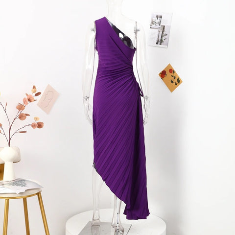 New Elegant Diagonal Collar Long Sleeveless Asymmetric Ruffled Pleated Dresses CODE: KAR2044