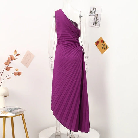 New Elegant Diagonal Collar Long Sleeveless Asymmetric Ruffled Pleated Dresses CODE: KAR2044