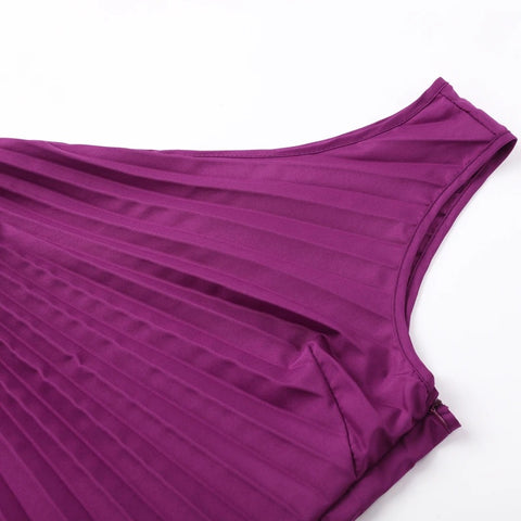 New Elegant Diagonal Collar Long Sleeveless Asymmetric Ruffled Pleated Dresses CODE: KAR2044