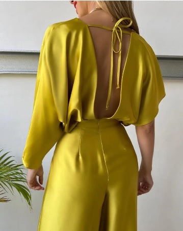 New Fashion Plunge Satin Asymmetrical Sleeve Backless Loose Elegant Wide Leg Jumpsuit CODE: KAR2045