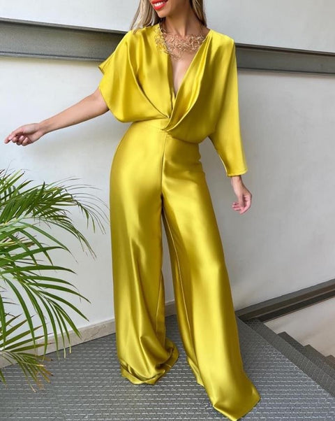 New Fashion Plunge Satin Asymmetrical Sleeve Backless Loose Elegant Wide Leg Jumpsuit CODE: KAR2045