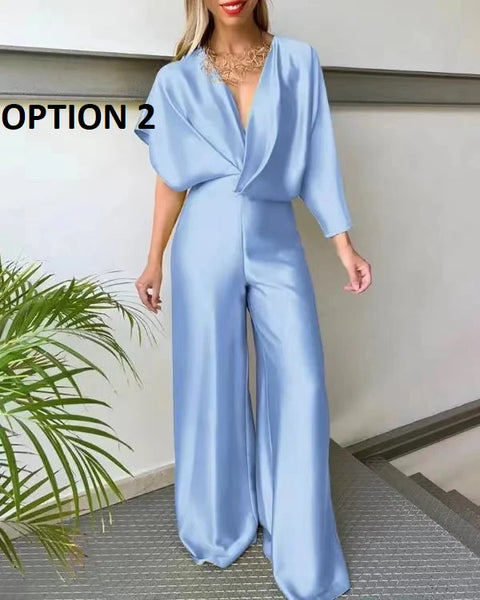 New Fashion Plunge Satin Asymmetrical Sleeve Backless Loose Elegant Wide Leg Jumpsuit CODE: KAR2045