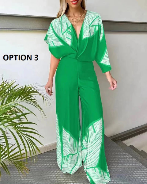 New Fashion Plunge Satin Asymmetrical Sleeve Backless Loose Elegant Wide Leg Jumpsuit CODE: KAR2045