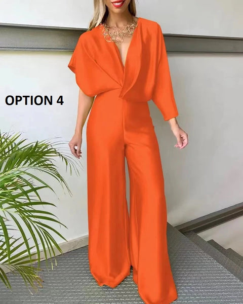 New Fashion Plunge Satin Asymmetrical Sleeve Backless Loose Elegant Wide Leg Jumpsuit CODE: KAR2045