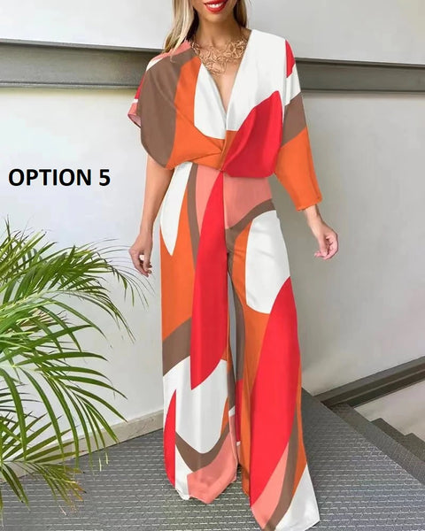New Fashion Plunge Satin Asymmetrical Sleeve Backless Loose Elegant Wide Leg Jumpsuit CODE: KAR2045