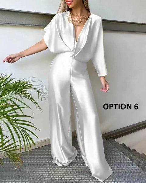 New Fashion Plunge Satin Asymmetrical Sleeve Backless Loose Elegant Wide Leg Jumpsuit CODE: KAR2045