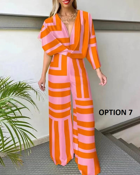 New Fashion Plunge Satin Asymmetrical Sleeve Backless Loose Elegant Wide Leg Jumpsuit CODE: KAR2045