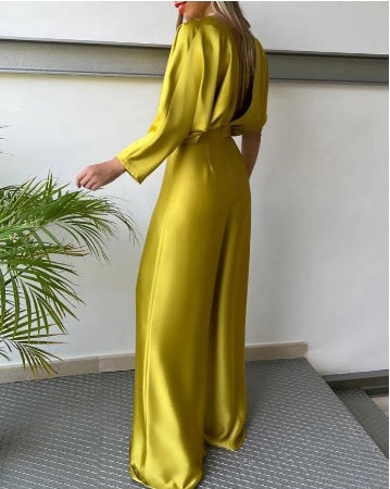 New Fashion Plunge Satin Asymmetrical Sleeve Backless Loose Elegant Wide Leg Jumpsuit CODE: KAR2045