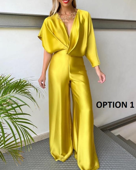 New Fashion Plunge Satin Asymmetrical Sleeve Backless Loose Elegant Wide Leg Jumpsuit CODE: KAR2045