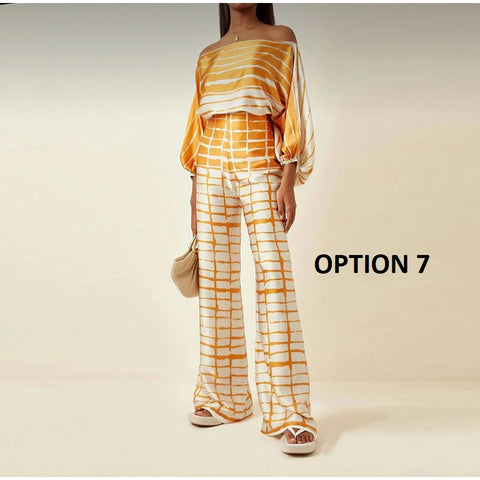 New Casual Satin Print Fashion Hollow Off Shoulder Top With Long Pant 2 Piece Set CODE: KAR2046