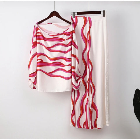 New Casual Satin Print Fashion Hollow Off Shoulder Top With Long Pant 2 Piece Set CODE: KAR2046