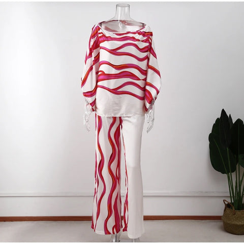 New Casual Satin Print Fashion Hollow Off Shoulder Top With Long Pant 2 Piece Set CODE: KAR2046