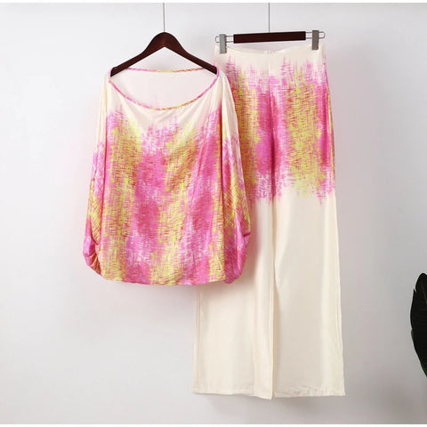 New Casual Satin Print Fashion Hollow Off Shoulder Top With Long Pant 2 Piece Set CODE: KAR2046