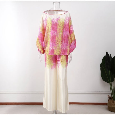 New Casual Satin Print Fashion Hollow Off Shoulder Top With Long Pant 2 Piece Set CODE: KAR2046
