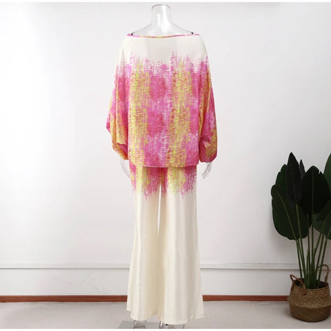 New Casual Satin Print Fashion Hollow Off Shoulder Top With Long Pant 2 Piece Set CODE: KAR2046